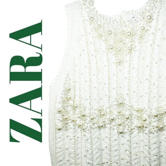 NWT ZARA WHITE ECRU CABLE KNIT FAUX PEARL SLEEVELESS SWEATER, LARGE - Picture 6 of 16